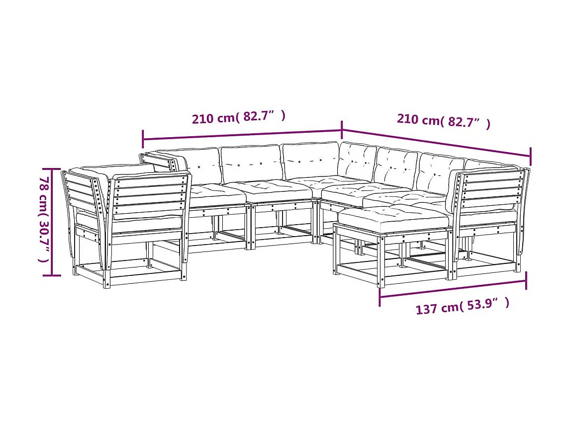Salon de jardin 8 pcs avec coussins marron bois pin massif