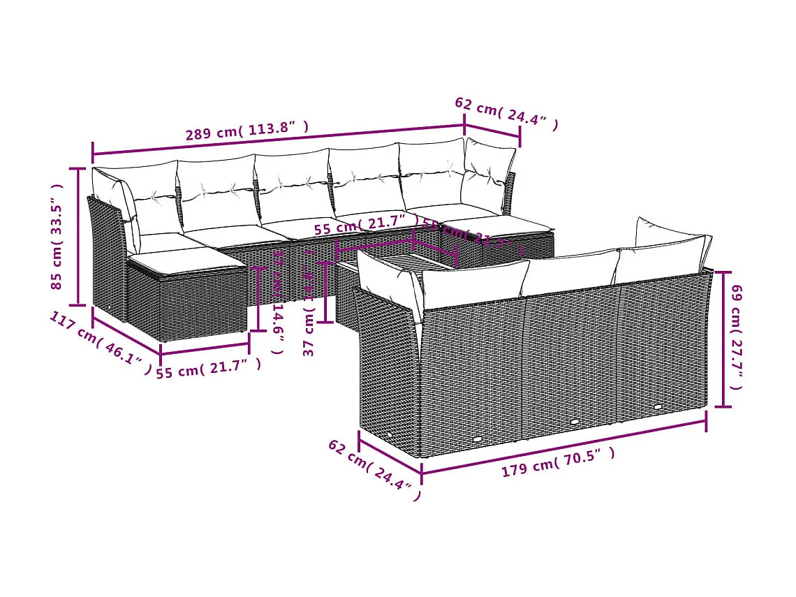 Salon de jardin 11 pcs avec coussins gris résine tressée