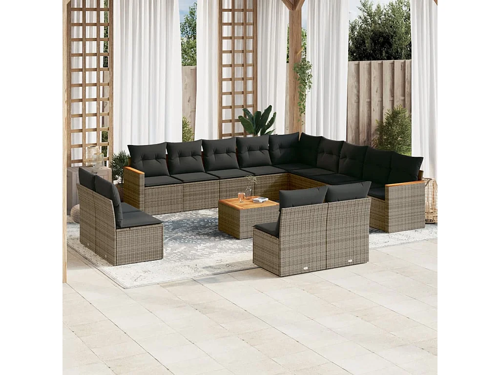 Salon de jardin avec coussins 14 pcs gris résine tressée