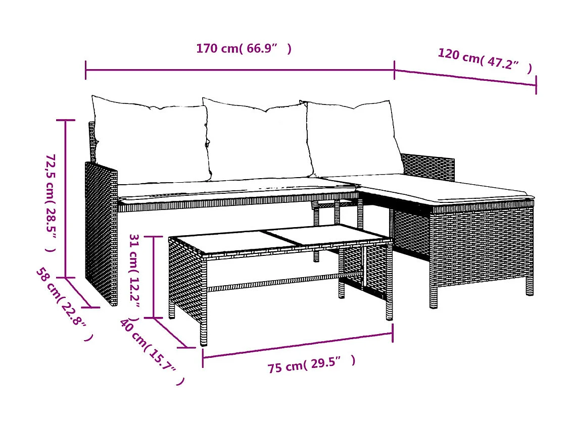 Canapé de jardin avec table et coussins en forme de L gris