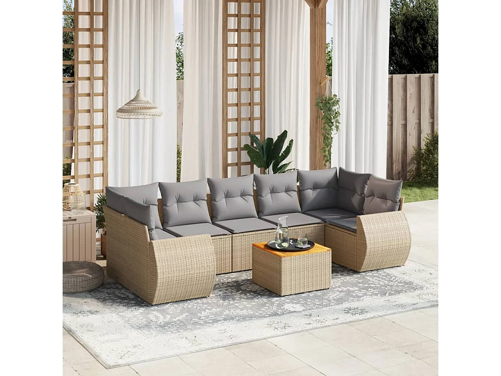 Salon de jardin avec coussins 8 pcs beige résine tressée