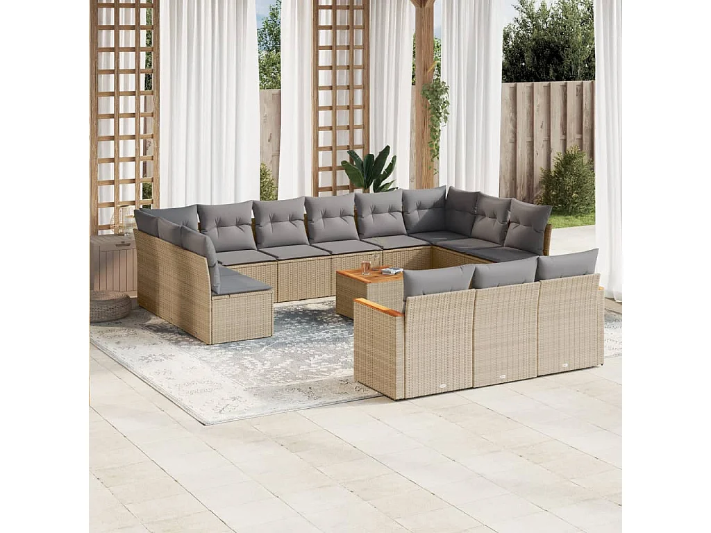 Salon de jardin et coussins 14 pcs mélange beige résine tressée