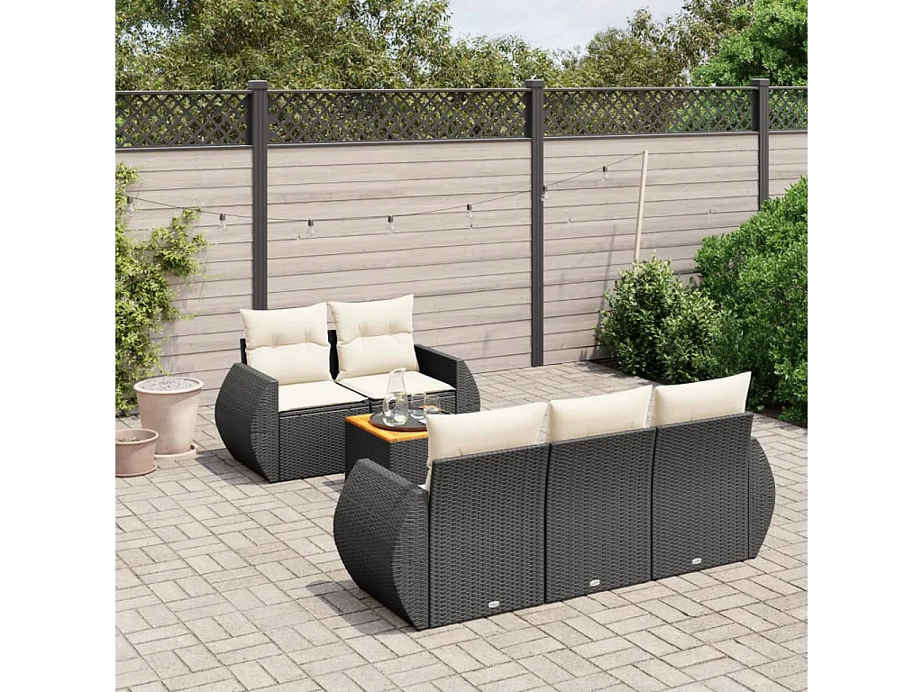 Salon de jardin 6 pcs avec coussins noir résine tressée