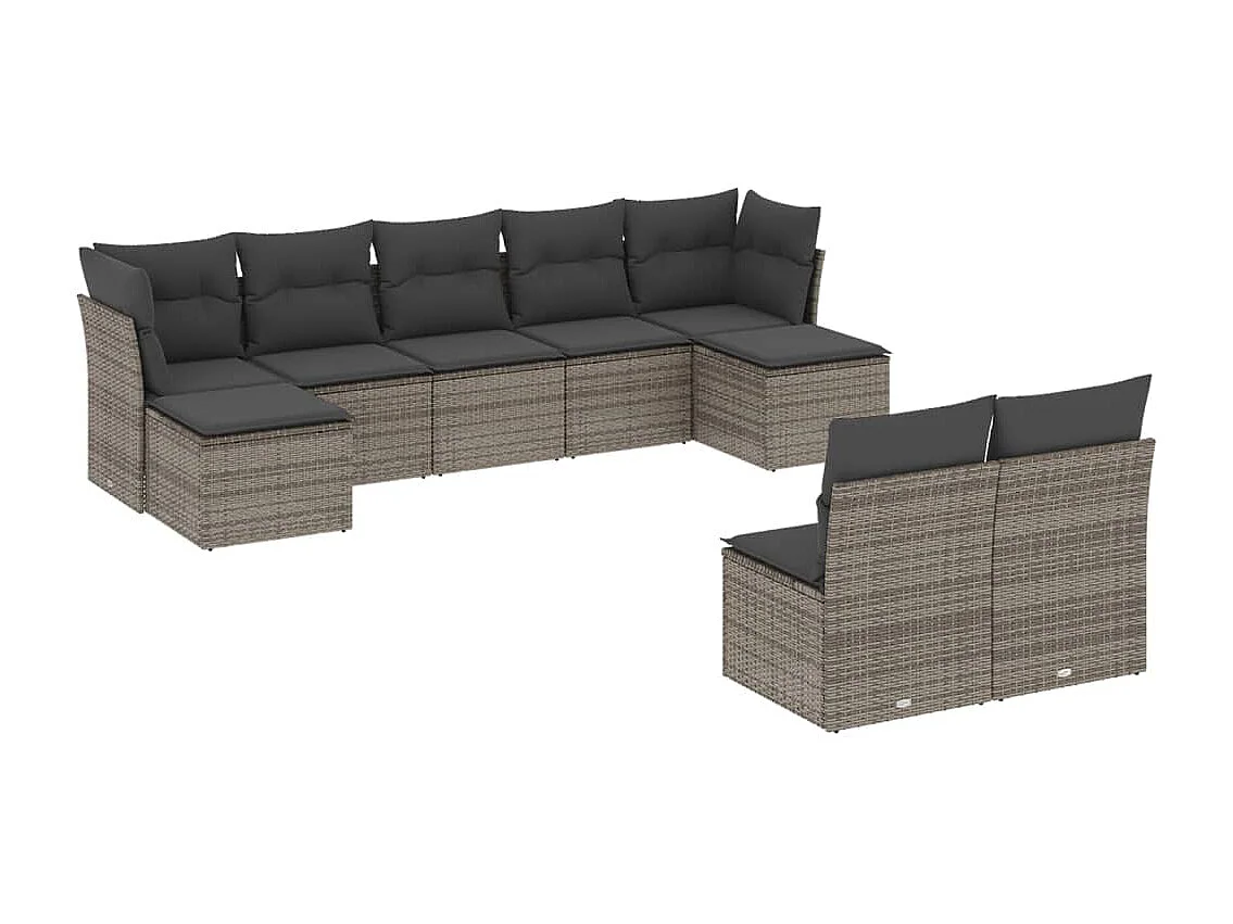 Salon de jardin 9 pcs avec coussins gris résine tressée