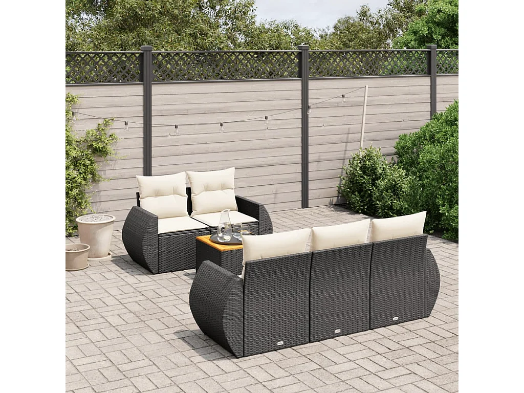 Salon de jardin 6 pcs avec coussins noir résine tressée