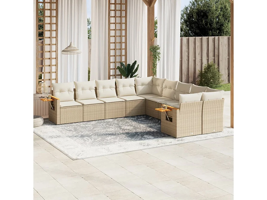 Salon de jardin avec coussins 10 pcs beige résine tressée
