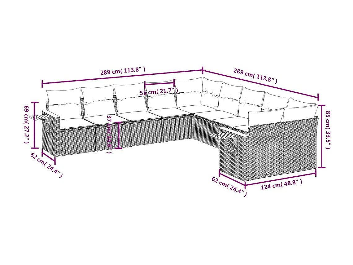 Salon de jardin avec coussins 10 pcs beige résine tressée