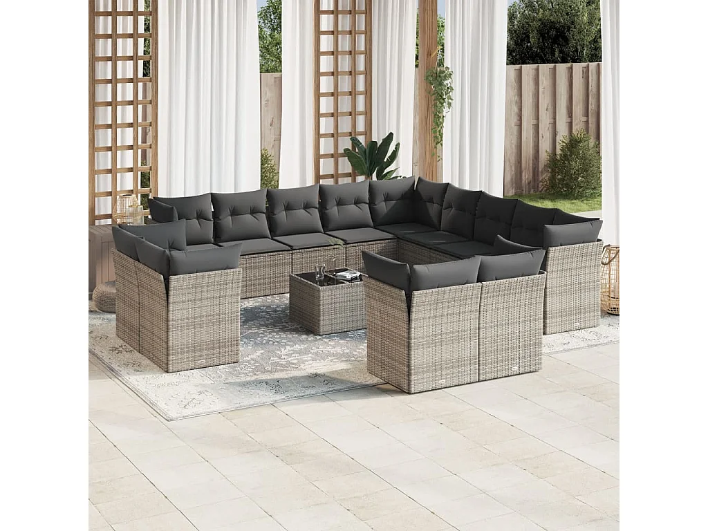 Salon de jardin avec coussins 14 pcs gris résine tressée