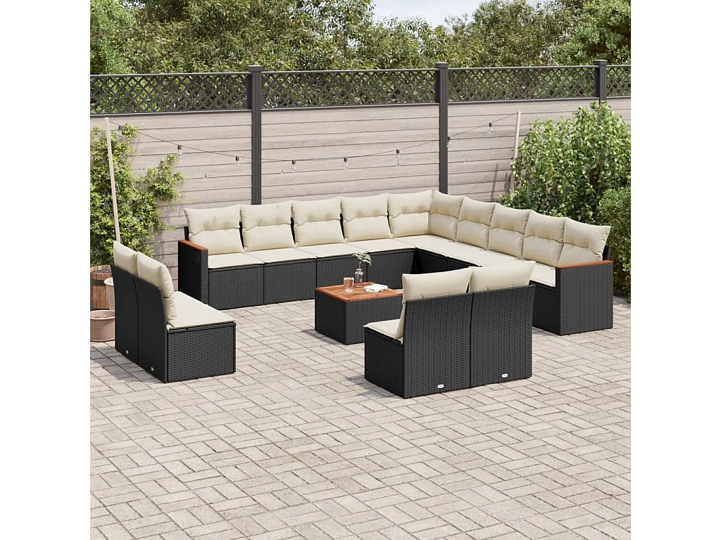 Salon de jardin avec coussins 14 pcs noir résine tressée