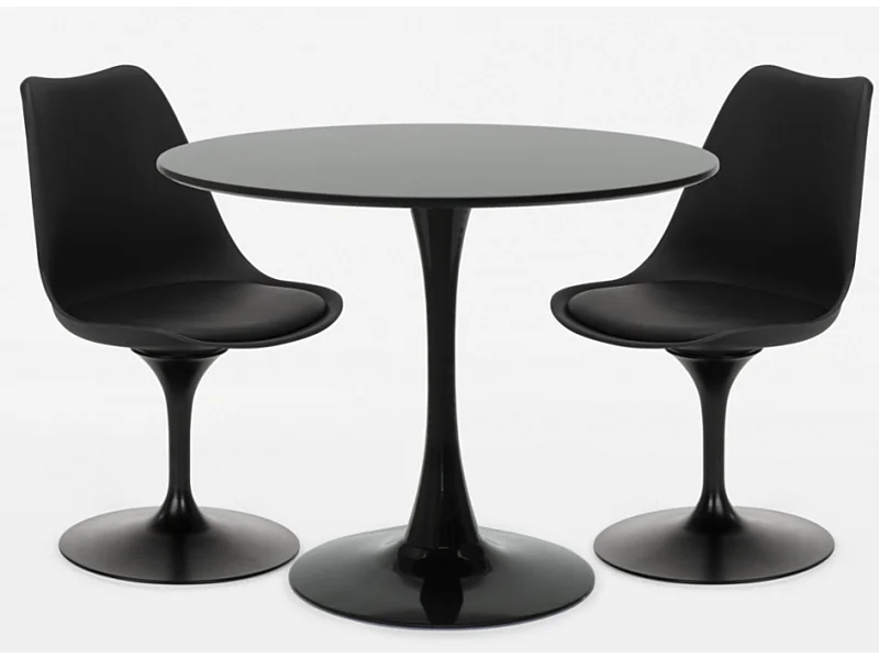 Ensemble table ronde 60cm et 2 chaises pivotantes noires avec coussin similicuir Tulipa