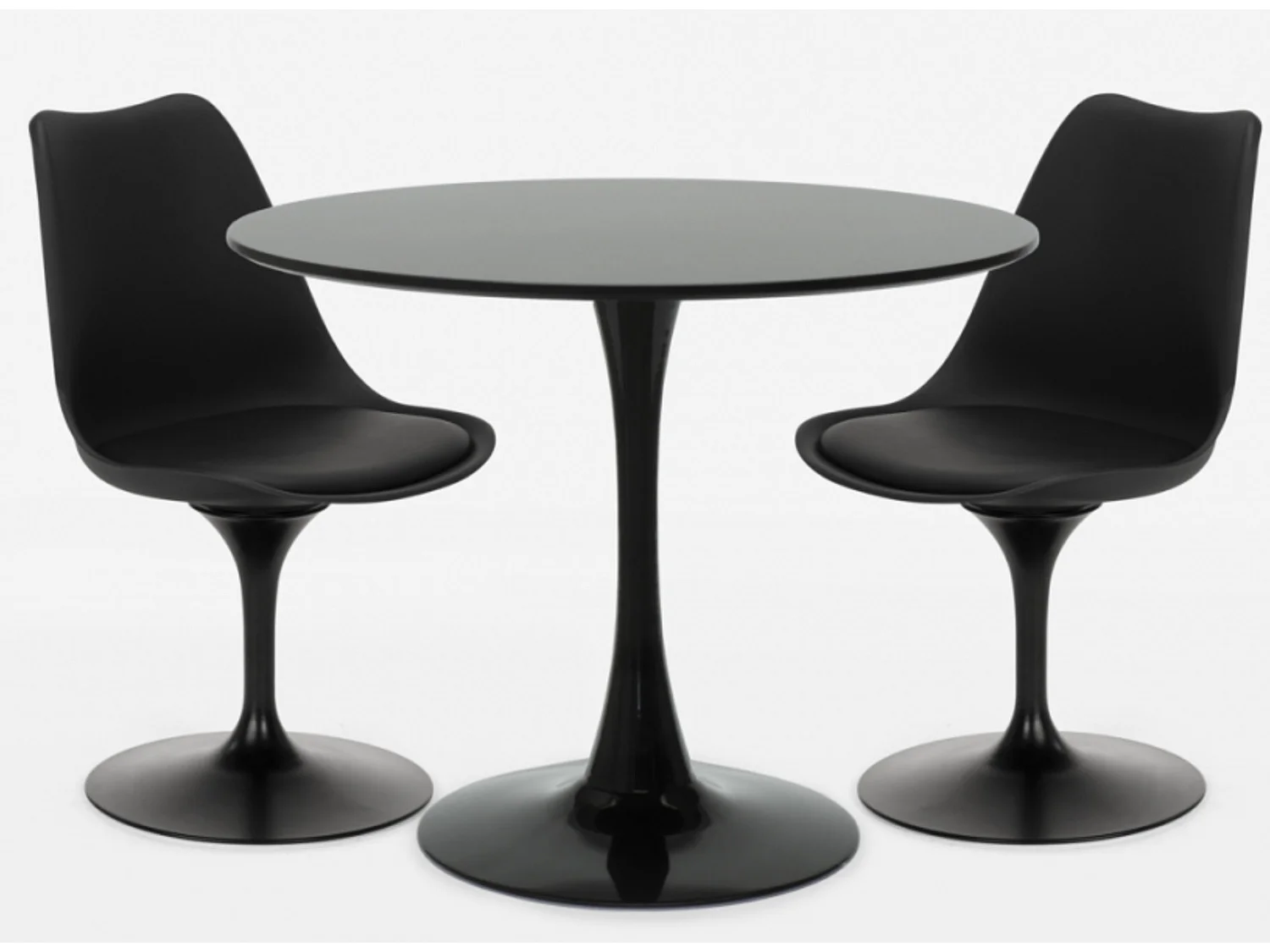 Ensemble table ronde 60cm et 2 chaises pivotantes noires avec coussin similicuir Tulipa