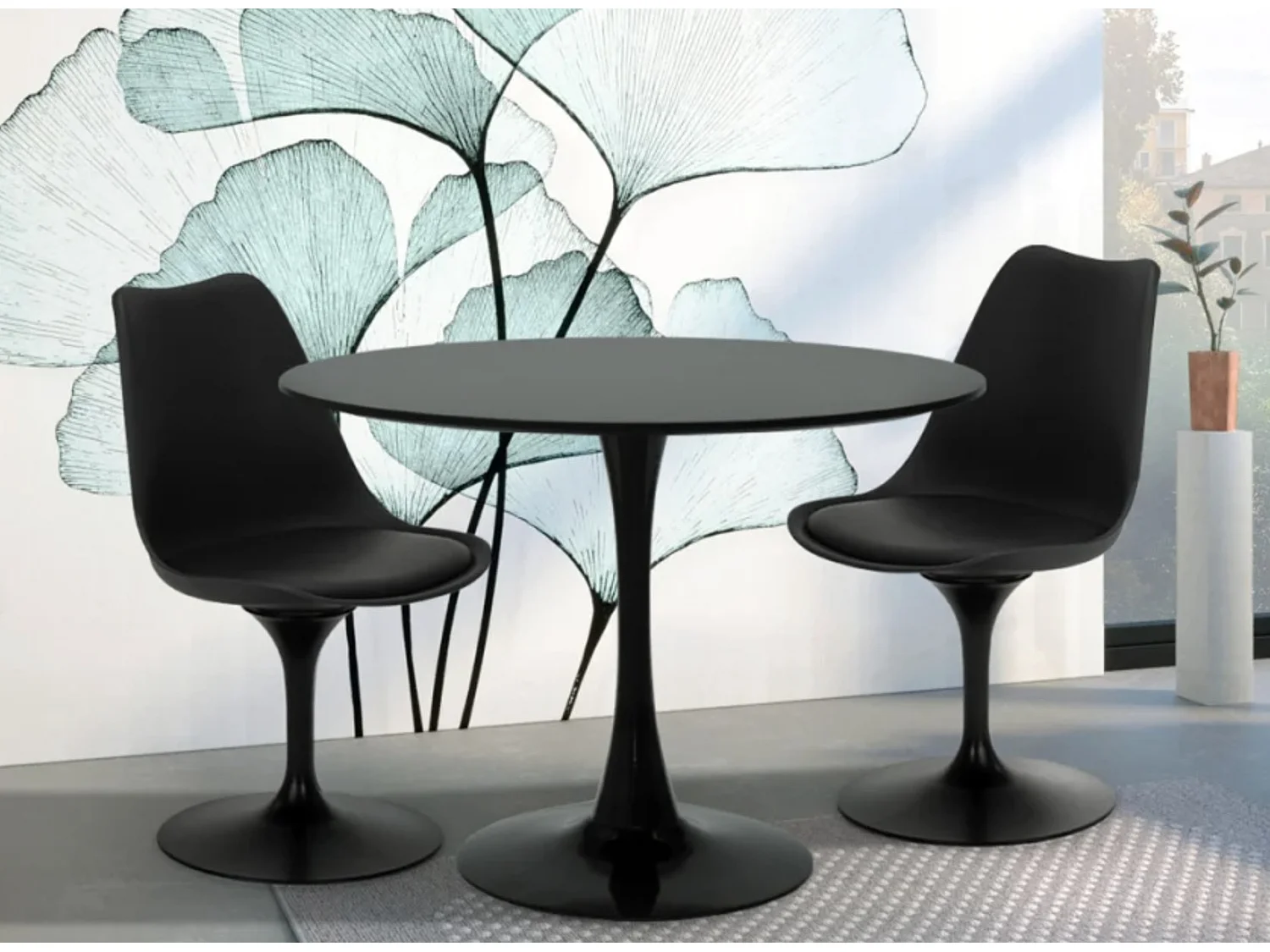 Ensemble table ronde 60cm et 2 chaises pivotantes noires avec coussin similicuir Tulipa