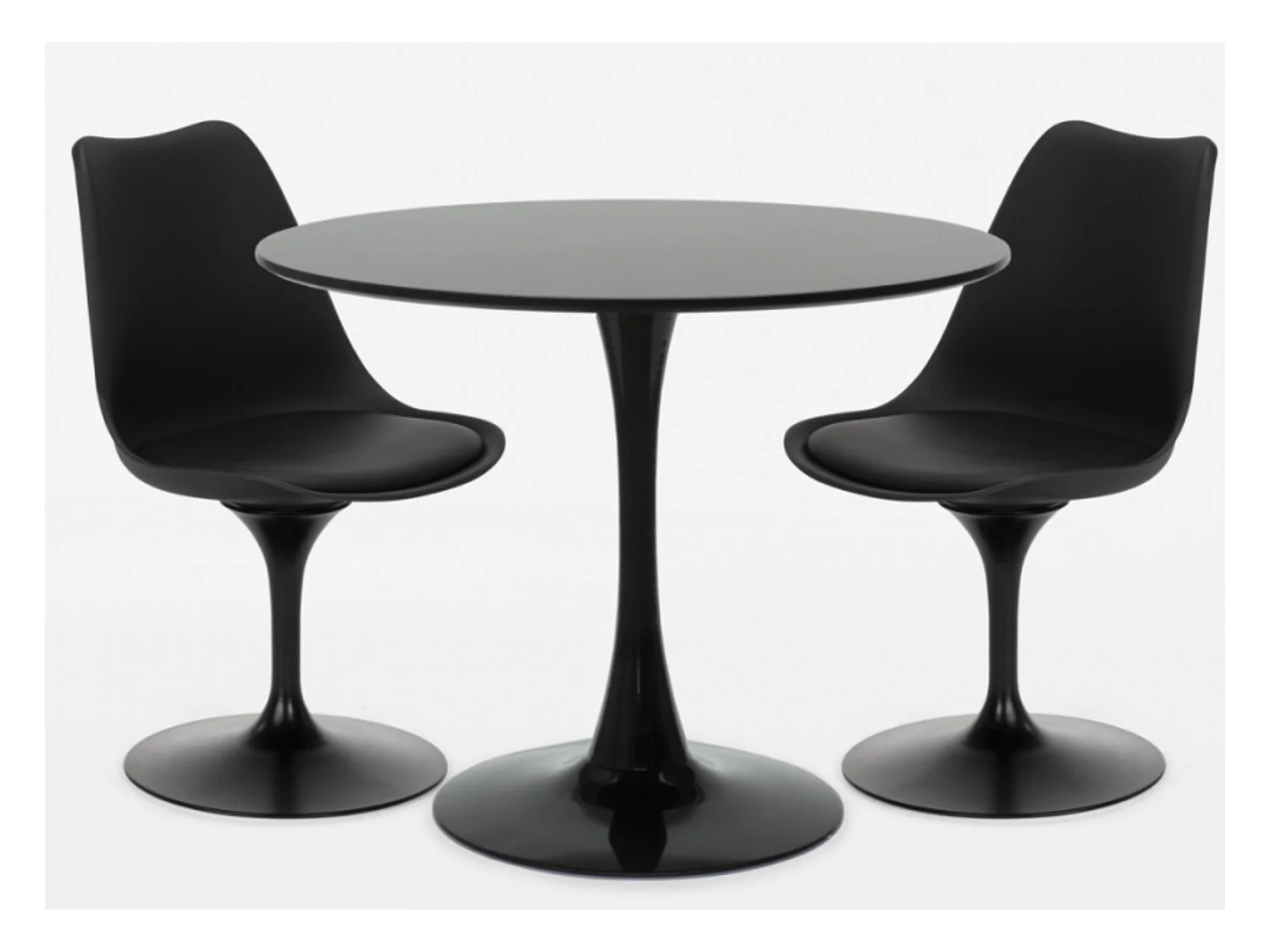 Ensemble table ronde 60cm et 2 chaises pivotantes noires avec coussin similicuir Tulipa