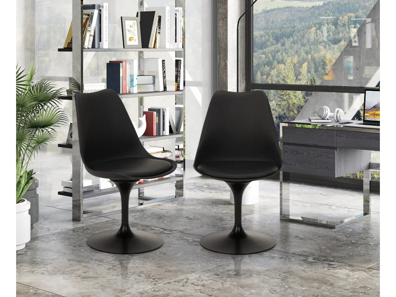 Ensemble table ronde 60cm et 2 chaises pivotantes noires avec coussin similicuir Tulipa