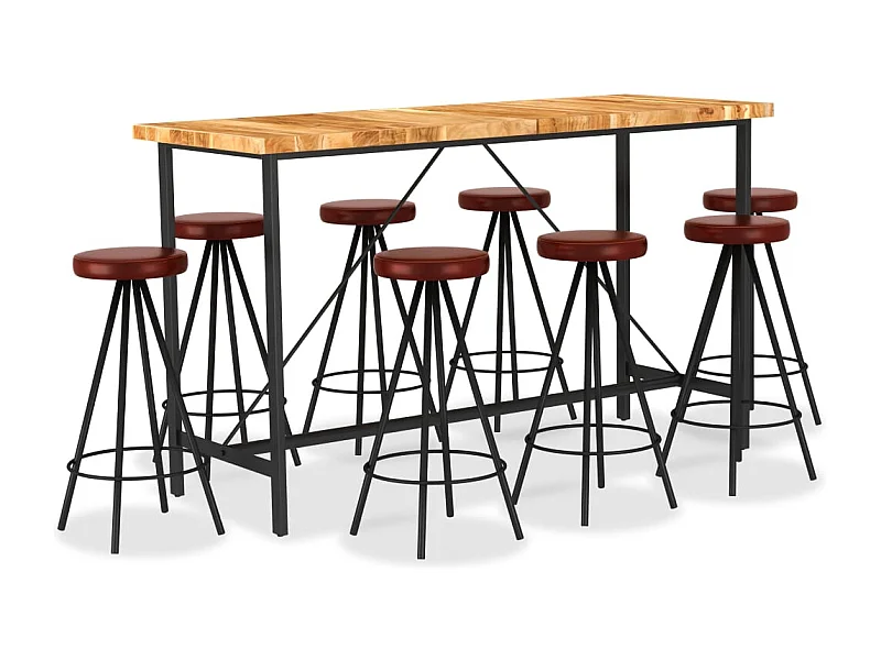 Ensemble de bar 9 pcs Bois d'acacia solide et cuir véritable 2