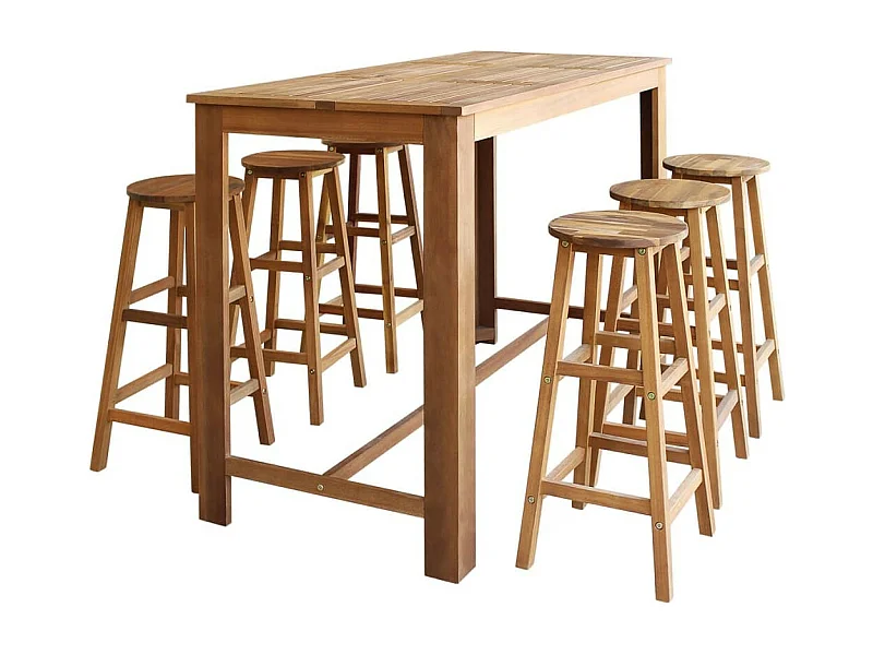 Table de bar rectangulaire bois d'acacia massif et 6 tabourets naturel Mulko