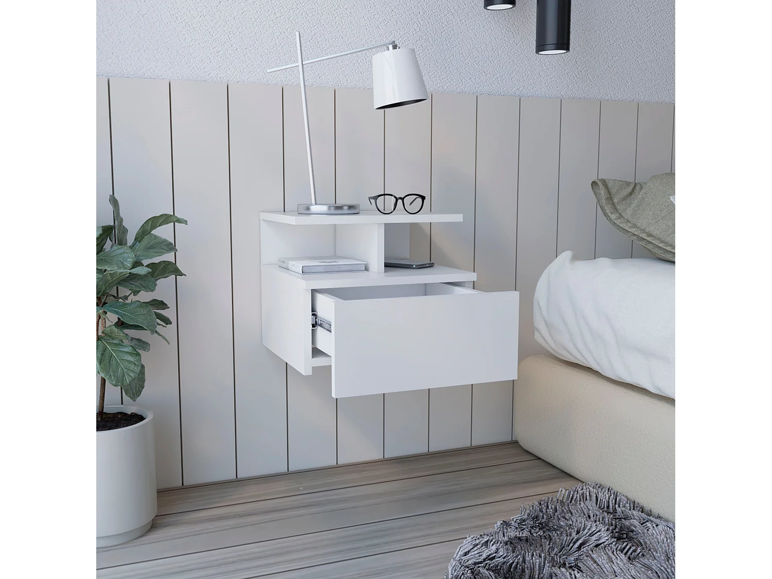 Comodino galleggiante Adele in melamina, con cassetto con guida in metallo, 29.5 cm X 35.6 cm X 33.6 cm , Bianco