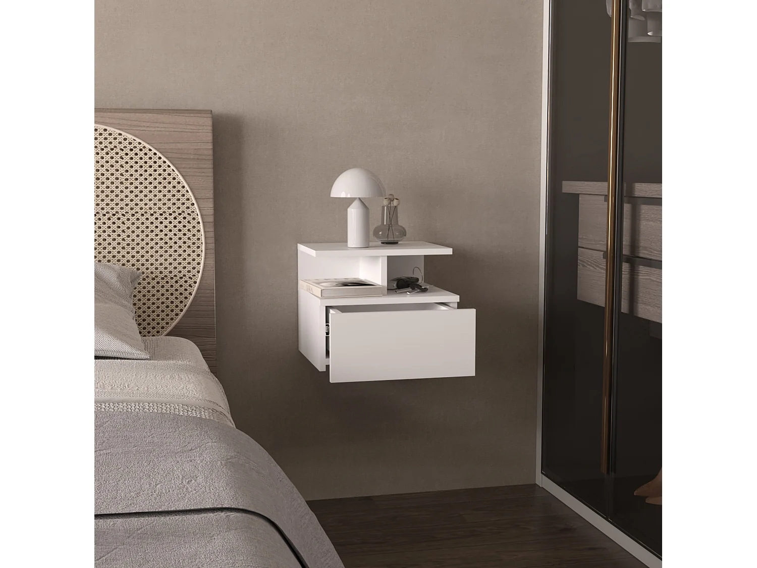 Comodino galleggiante Adele in melamina, con cassetto con guida in metallo, 29.5 cm X 35.6 cm X 33.6 cm , Bianco