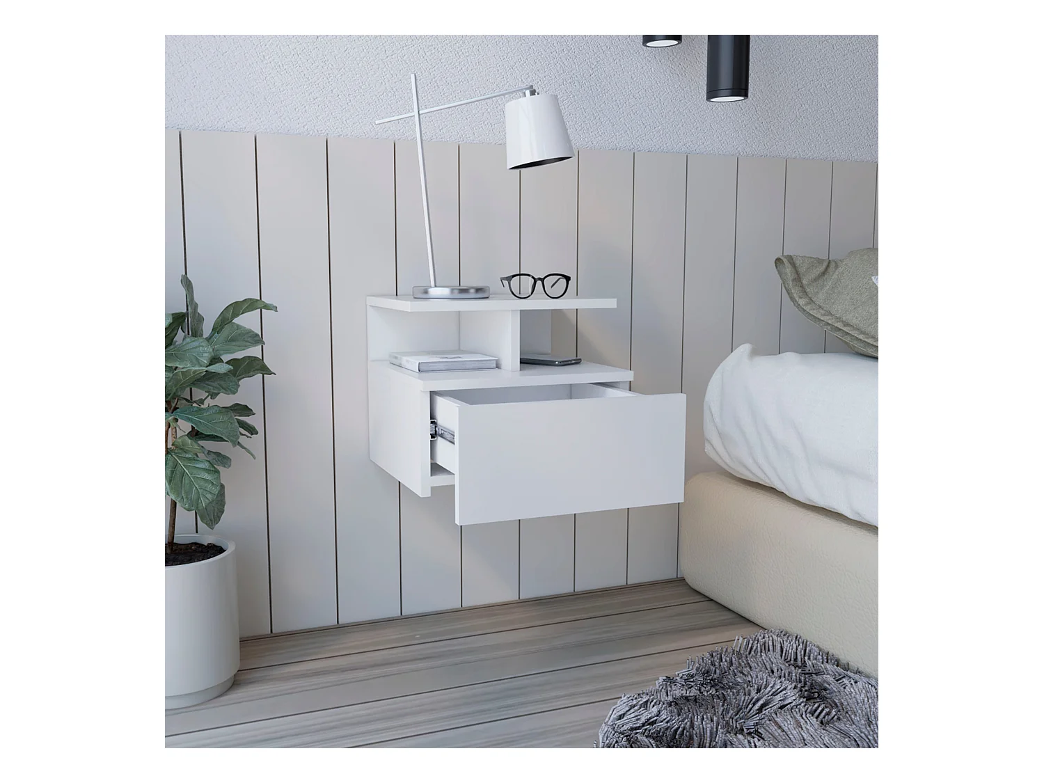 Table de chevet flottante Adele en mélamine, avec tiroir sur rail métallique, 29.5 cm X 35.6 cm X 33.6 cm , Blanc