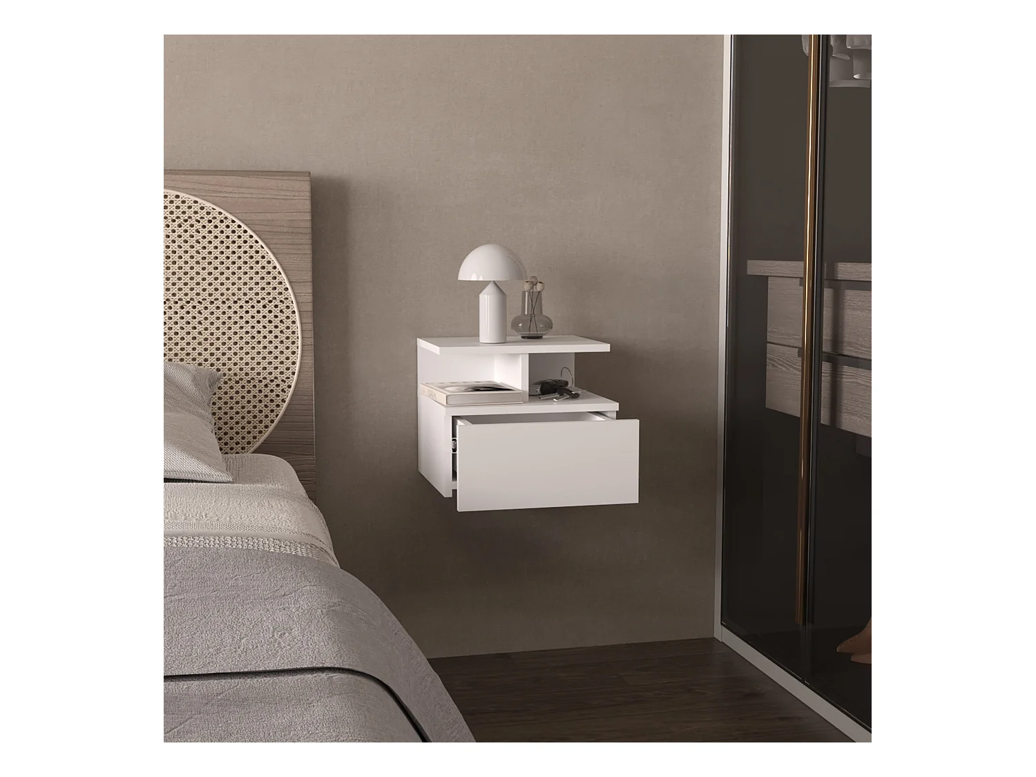 Table de chevet flottante Adele en mélamine, avec tiroir sur rail métallique, 29.5 cm X 35.6 cm X 33.6 cm , Blanc