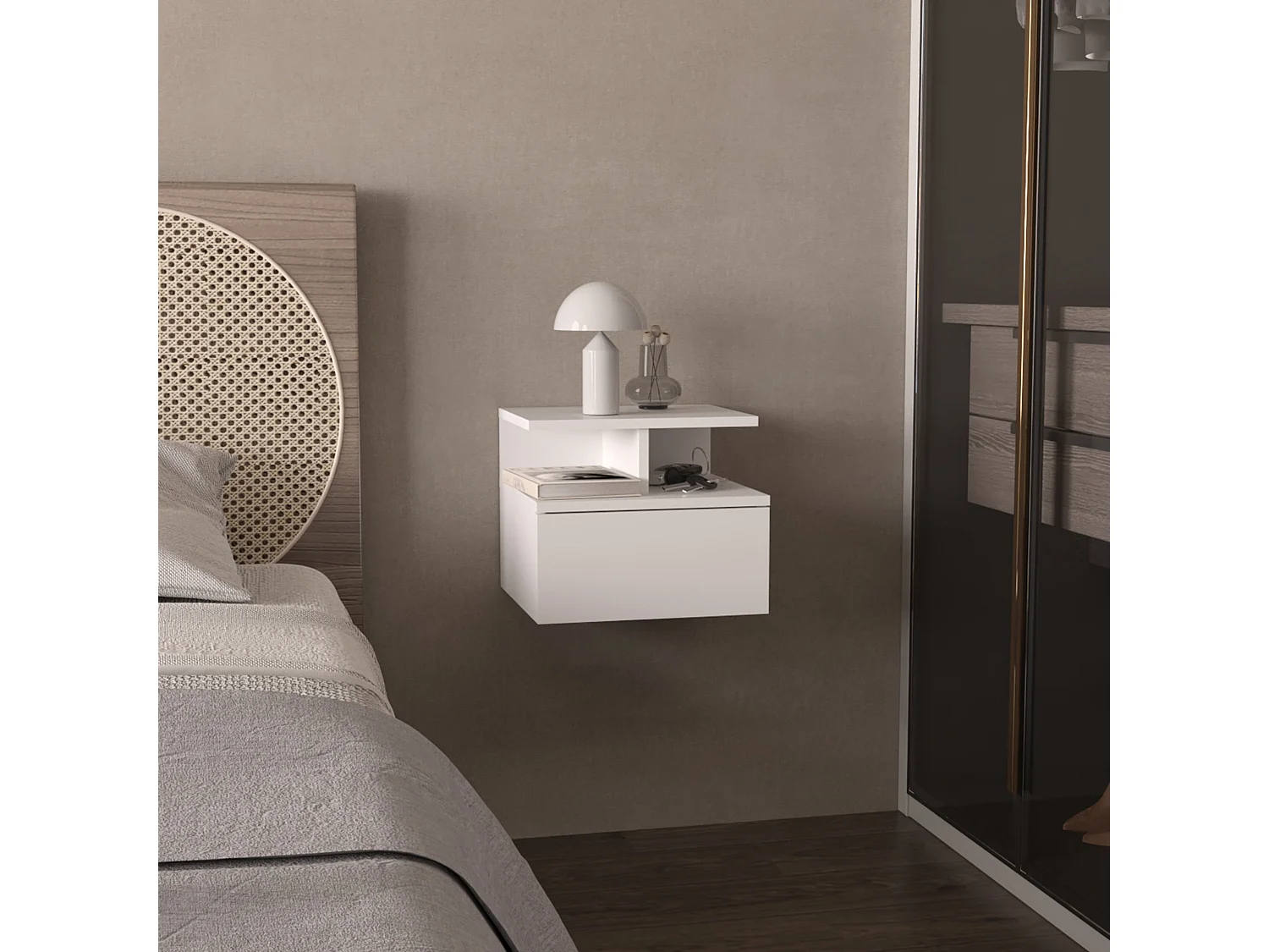 Comodino galleggiante Adele in melamina, con cassetto con guida in metallo, 29.5 cm X 35.6 cm X 33.6 cm , Bianco