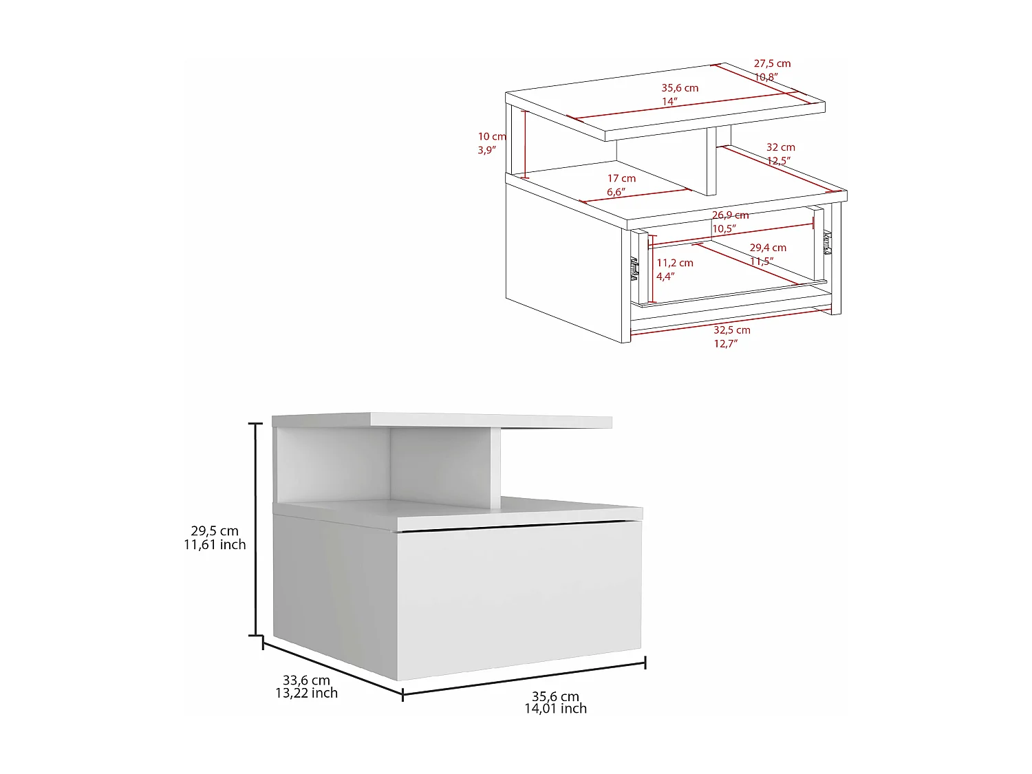 Comodino galleggiante Adele in melamina, con cassetto con guida in metallo, 29.5 cm X 35.6 cm X 33.6 cm , Bianco