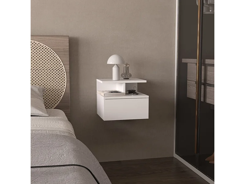 Mesita de Noche flotante Adele en Melamina, con cajón de riel metálico , 29.5 cm  X 35.6 cm  X 33.6 cm  , Blanco