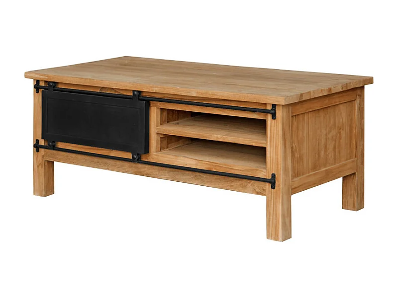 Table basse L. 120 cm bois de teck avec portes coulissantes - EDWARDS