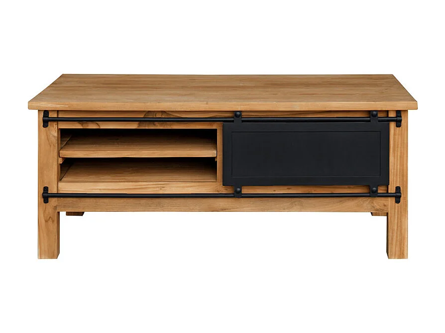 Table basse L. 120 cm bois de teck avec portes coulissantes - EDWARDS