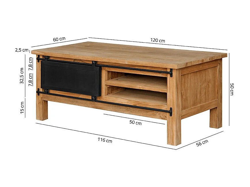 Table basse L. 120 cm bois de teck avec portes coulissantes - EDWARDS