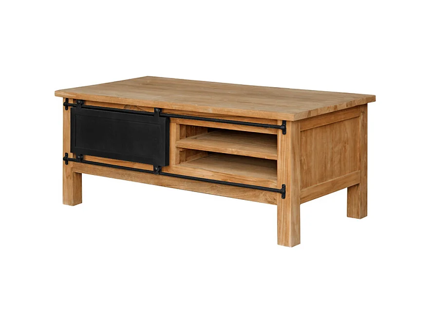 Table basse L. 120 cm bois de teck avec portes coulissantes - EDWARDS