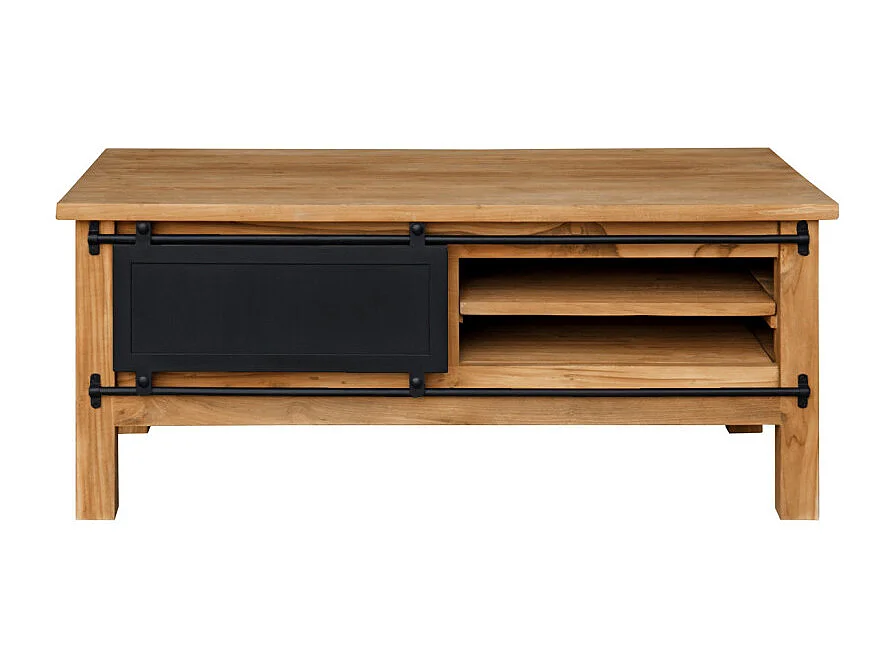 Table basse L. 120 cm bois de teck avec portes coulissantes - EDWARDS