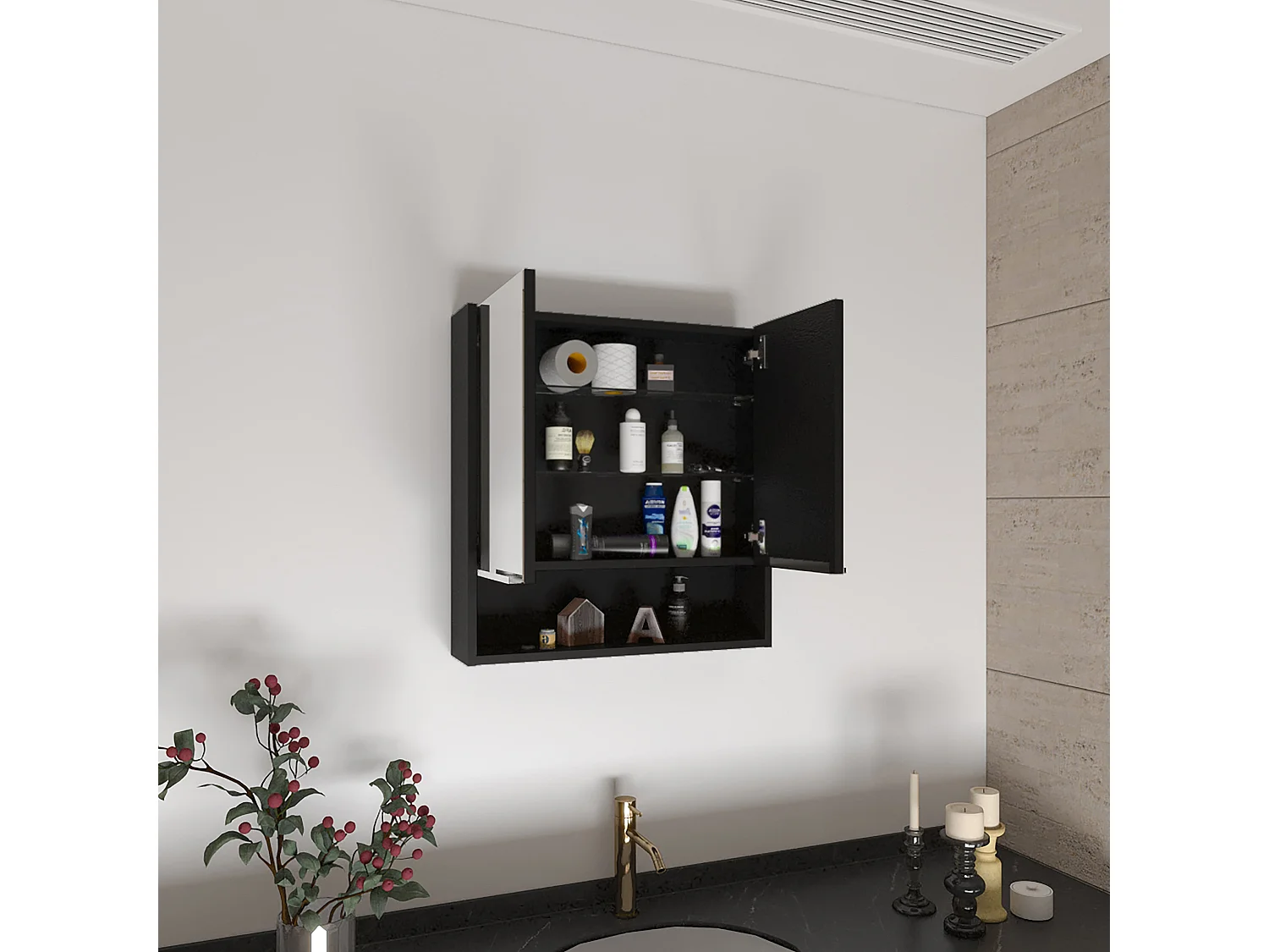 Kit di pronto soccorso Jaspe in melamina, con specchi, 62.48 cm X 59.94 cm X 13.97 cm , Nero