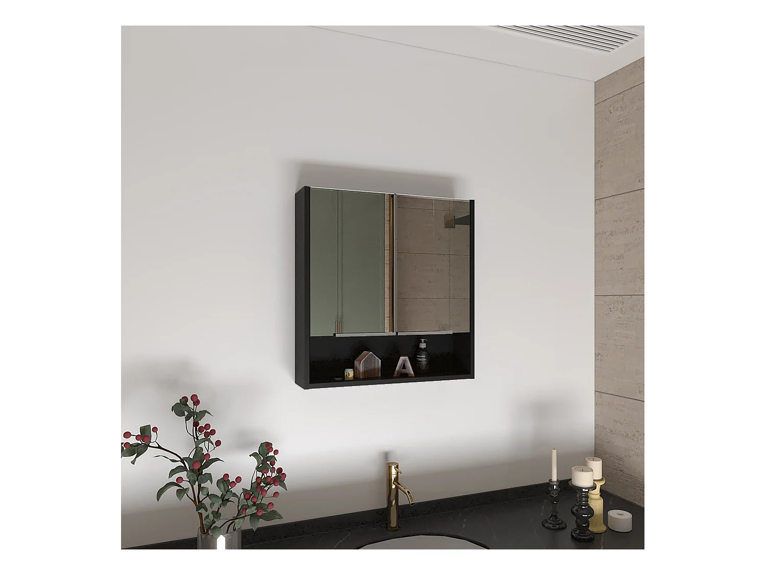 Trousse de secours Jaspe en mélamine, avec miroirs, 62.48 cm X 59.94 cm X 13.97 cm , Noir