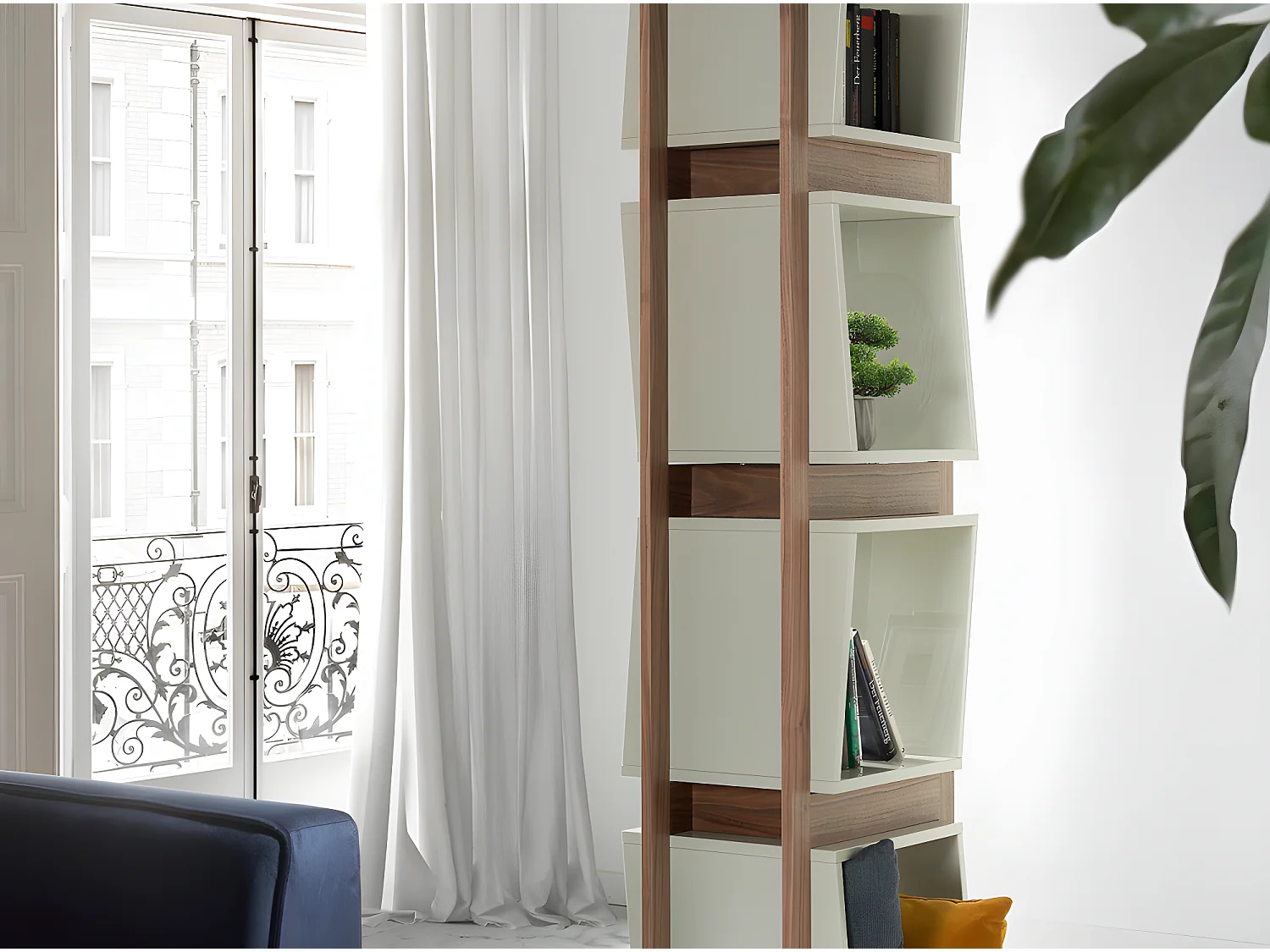 Étagère contemporaine bois noyer et laqué Muza-Couleur Corail