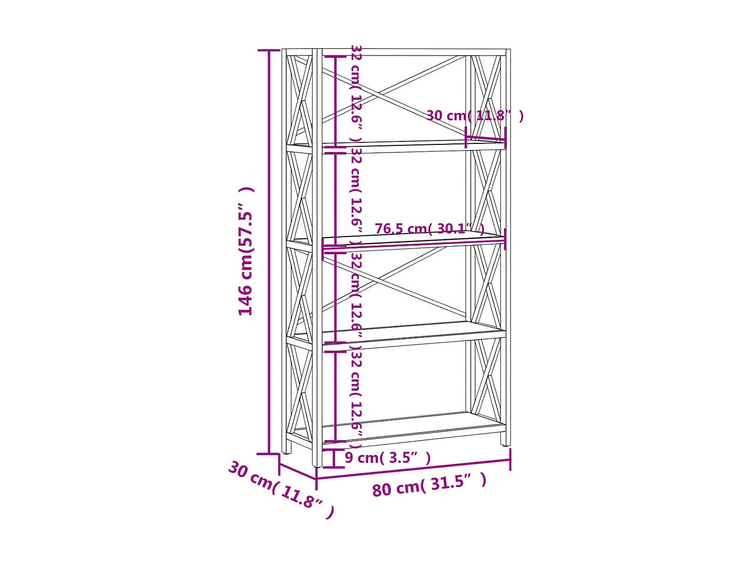 Étagère à 5 niveaux 80x30x146 bois de chêne massif