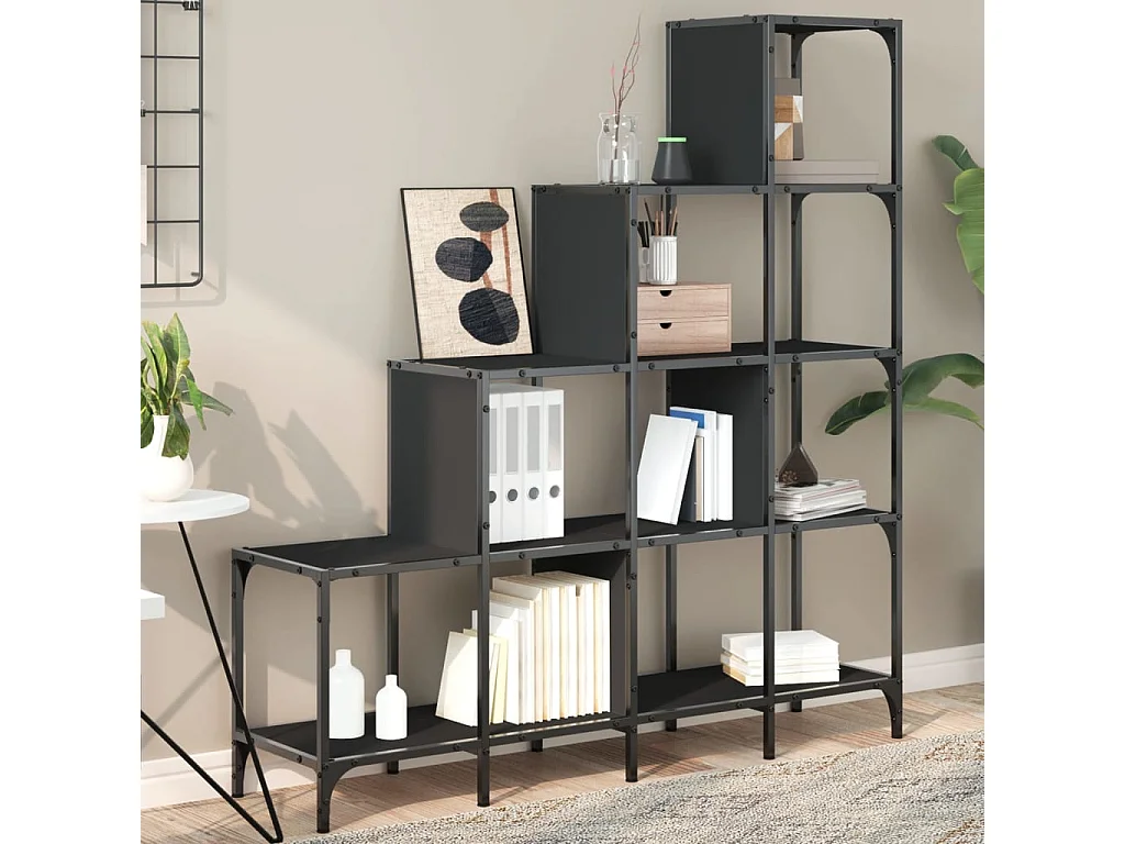 Bibliothèque noir 122x30x132 bois d'ingénierie et métal