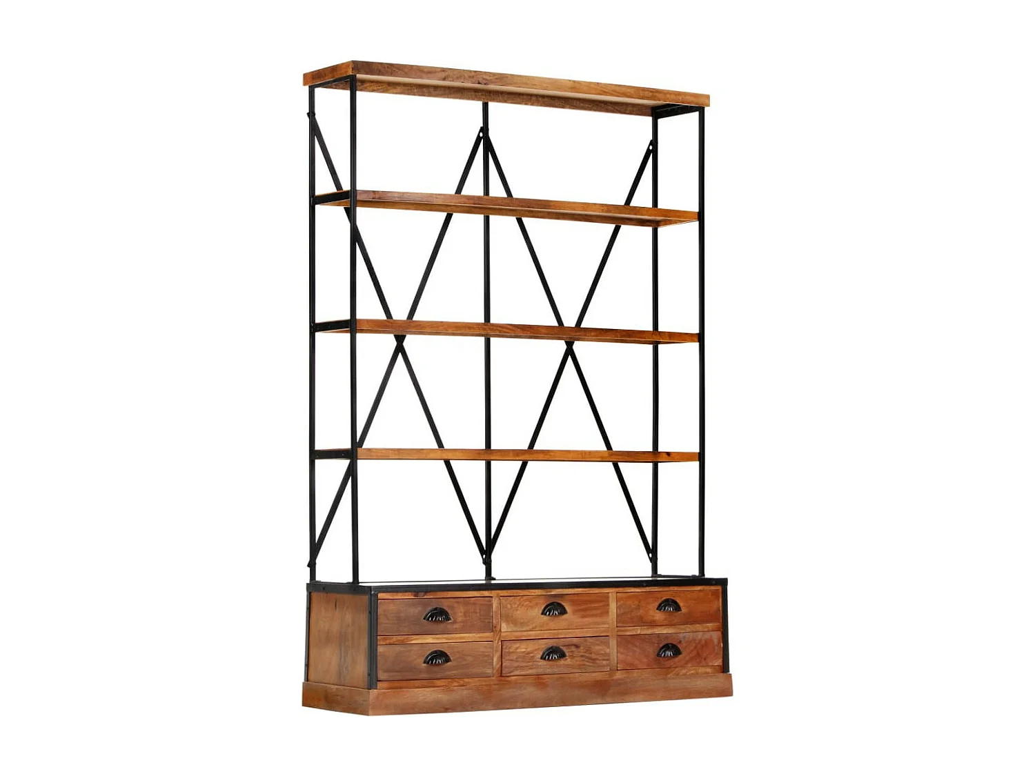 Bibliothèque à 4 étagères avec 6 tiroirs 122x36x181 Manguier