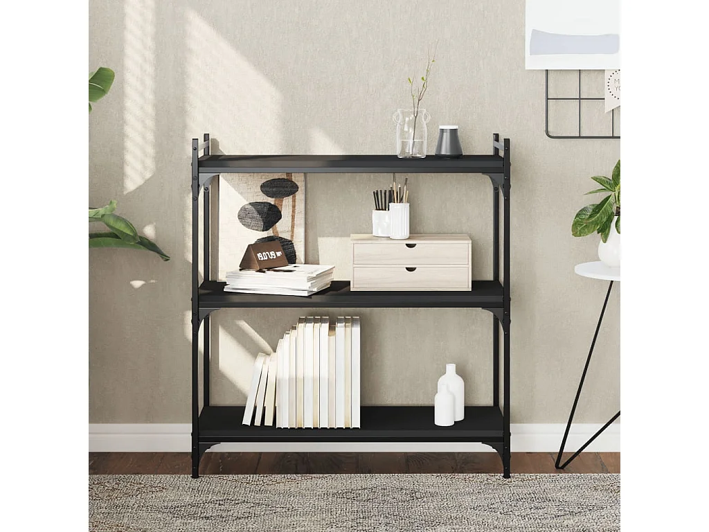 Bibliothèque à 3 niveaux noir 80x30x86 bois d'ingénierie