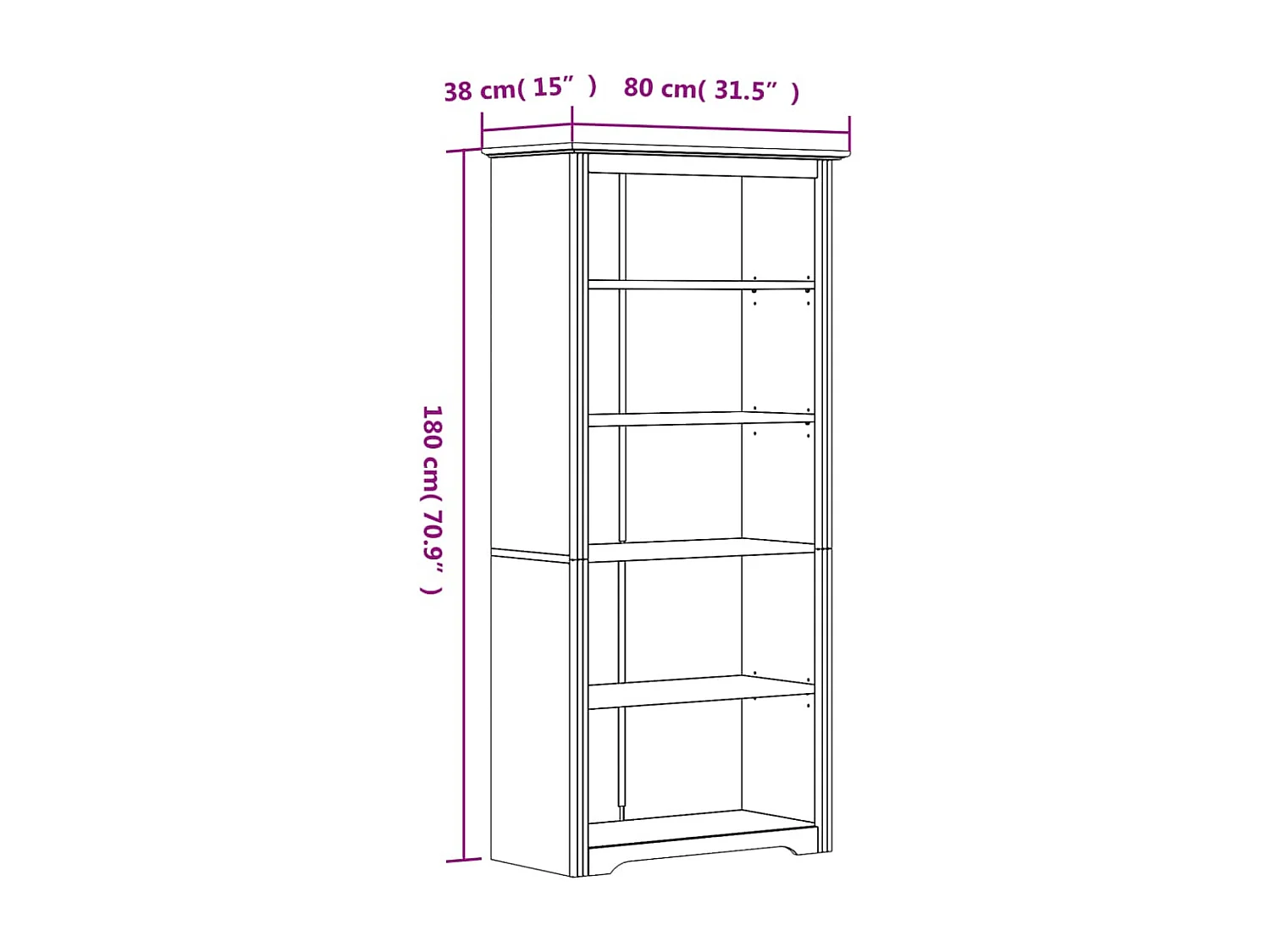 Bibliothèque BODO blanc 80x38x180 bois pin massif 5 niveaux