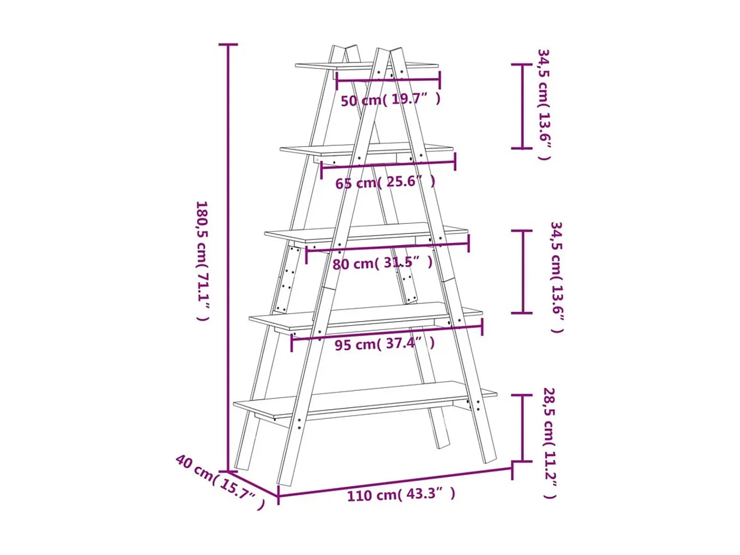Étagère 5 niveaux en forme de A 110x40x180,5 bois pin massif