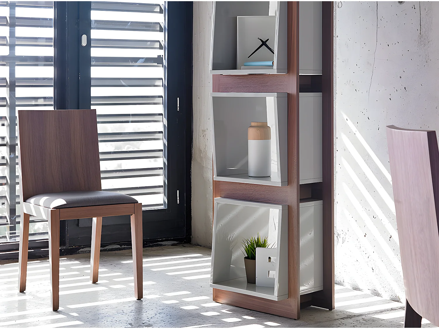 Étagère contemporaine bois noyer et laqué Muza-Couleur Pearl