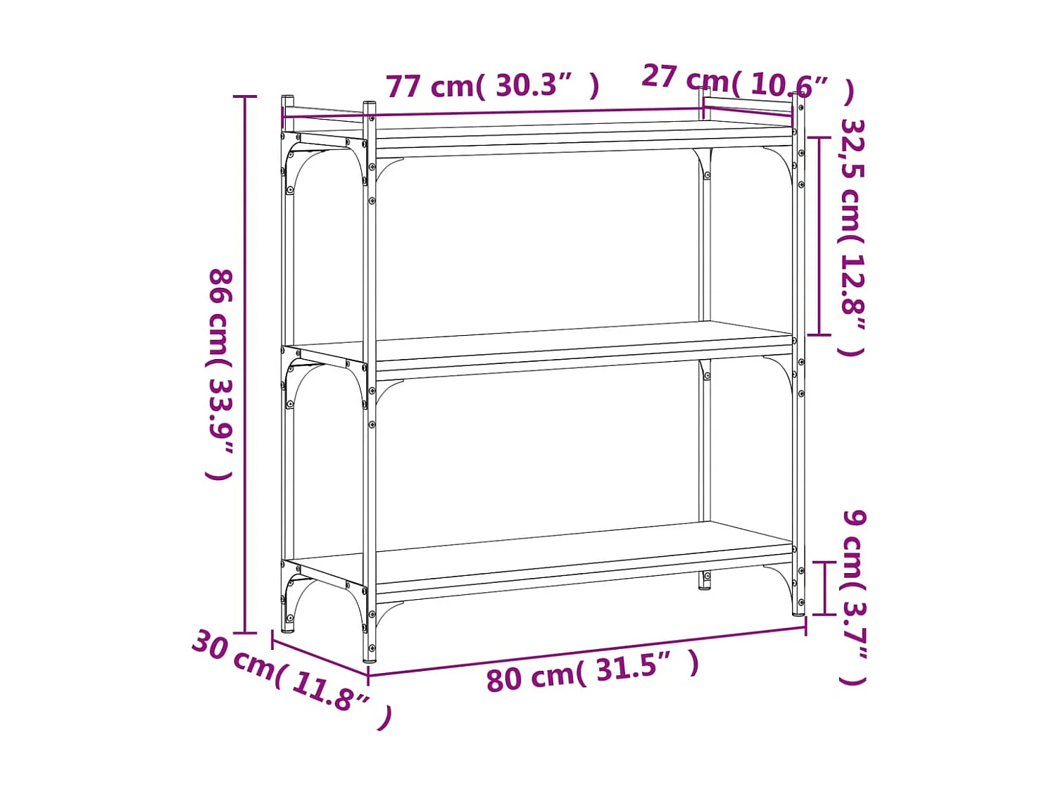 Bibliothèque 3 niveaux chêne fumé 80x30x86 bois d'ingénierie