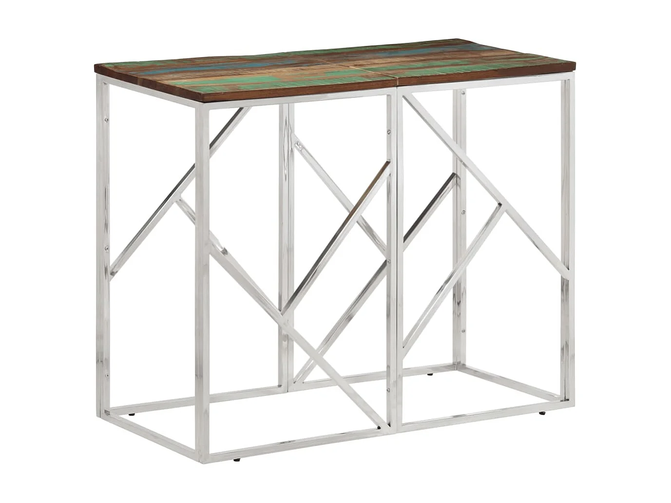 Table console argenté acier inoxydable-bois massif récupération