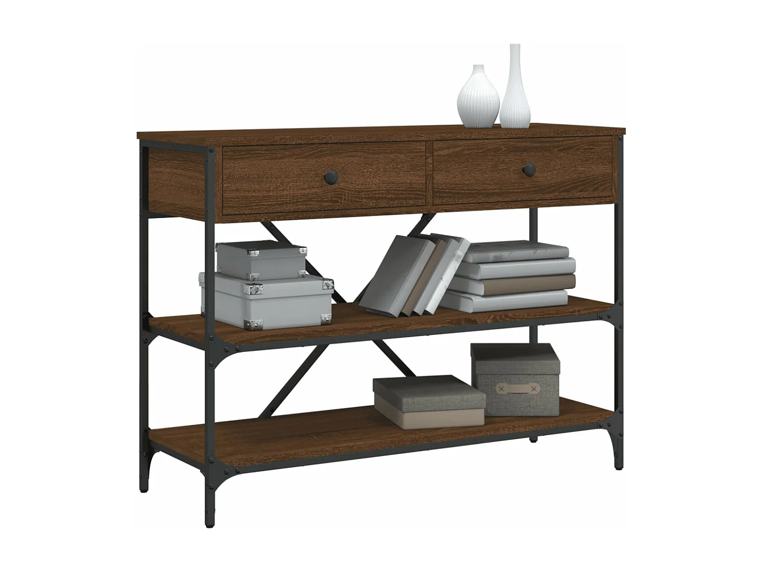 Table console avec tiroirs et étagères chêne marron