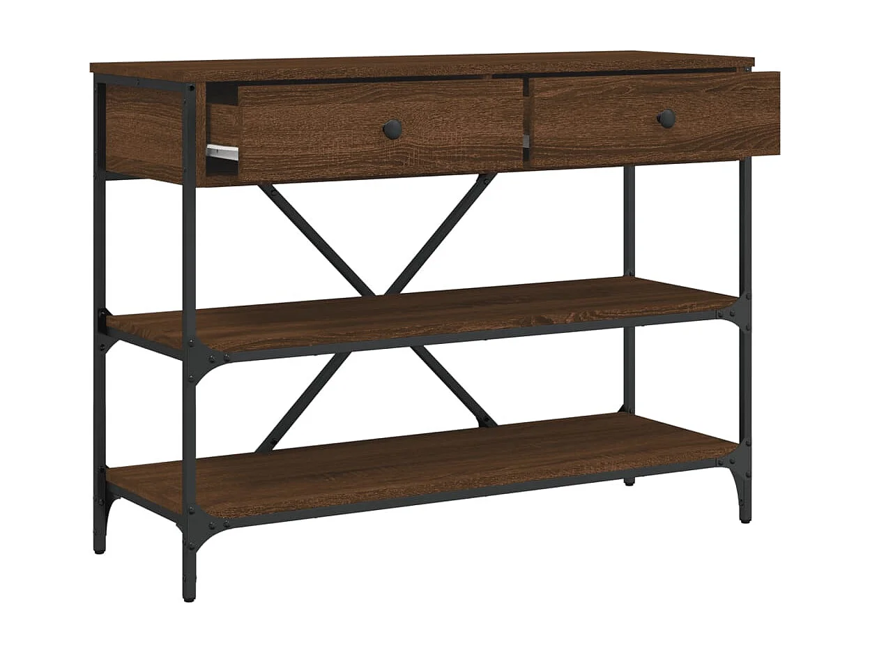 Table console avec tiroirs et étagères chêne marron