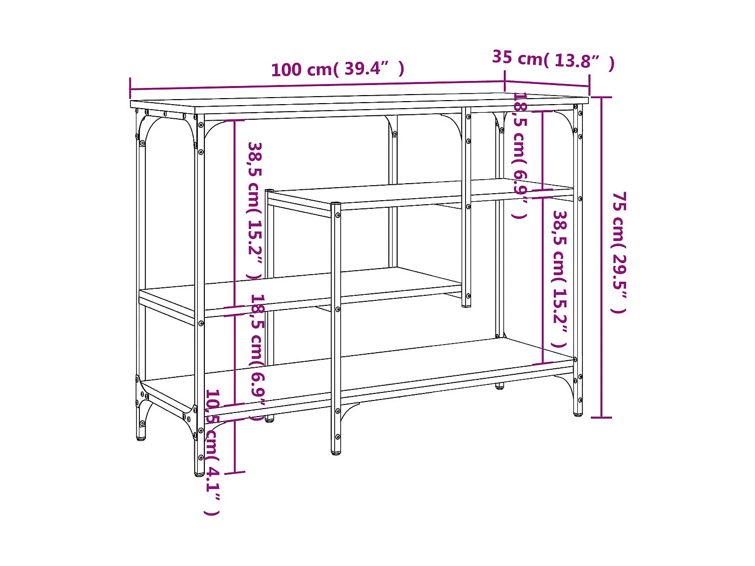 Table console avec étagères chêne fumé 100x35x75