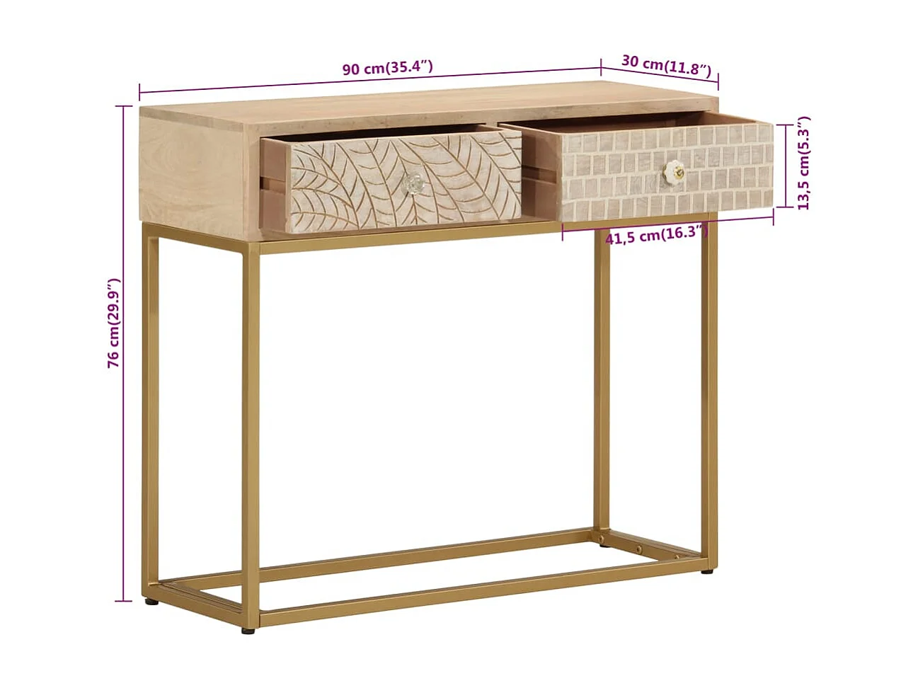 Table console 90x30x76 bois massif de manguier et fer