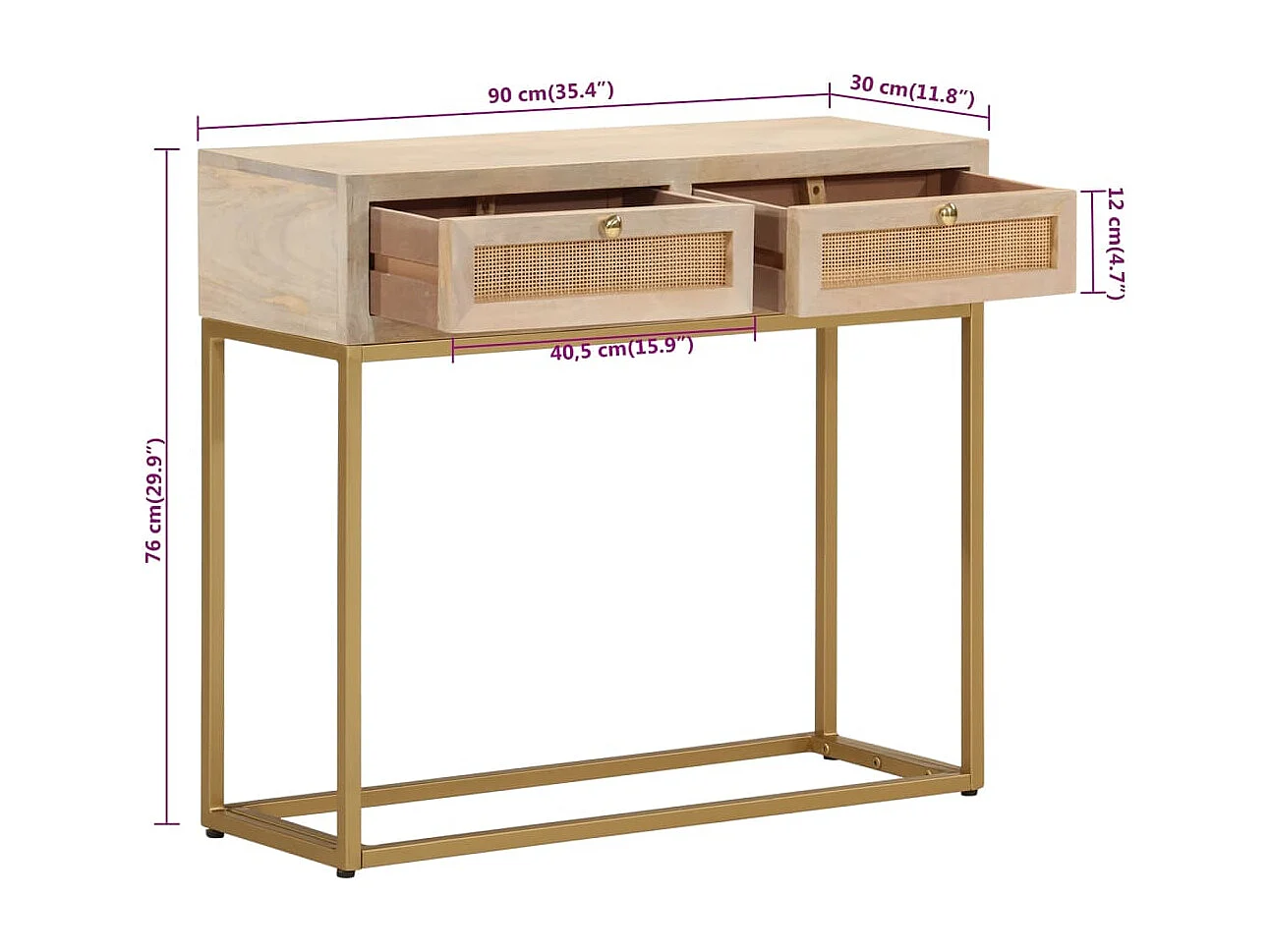 Table console 90x30x76 bois massif de manguier et fer