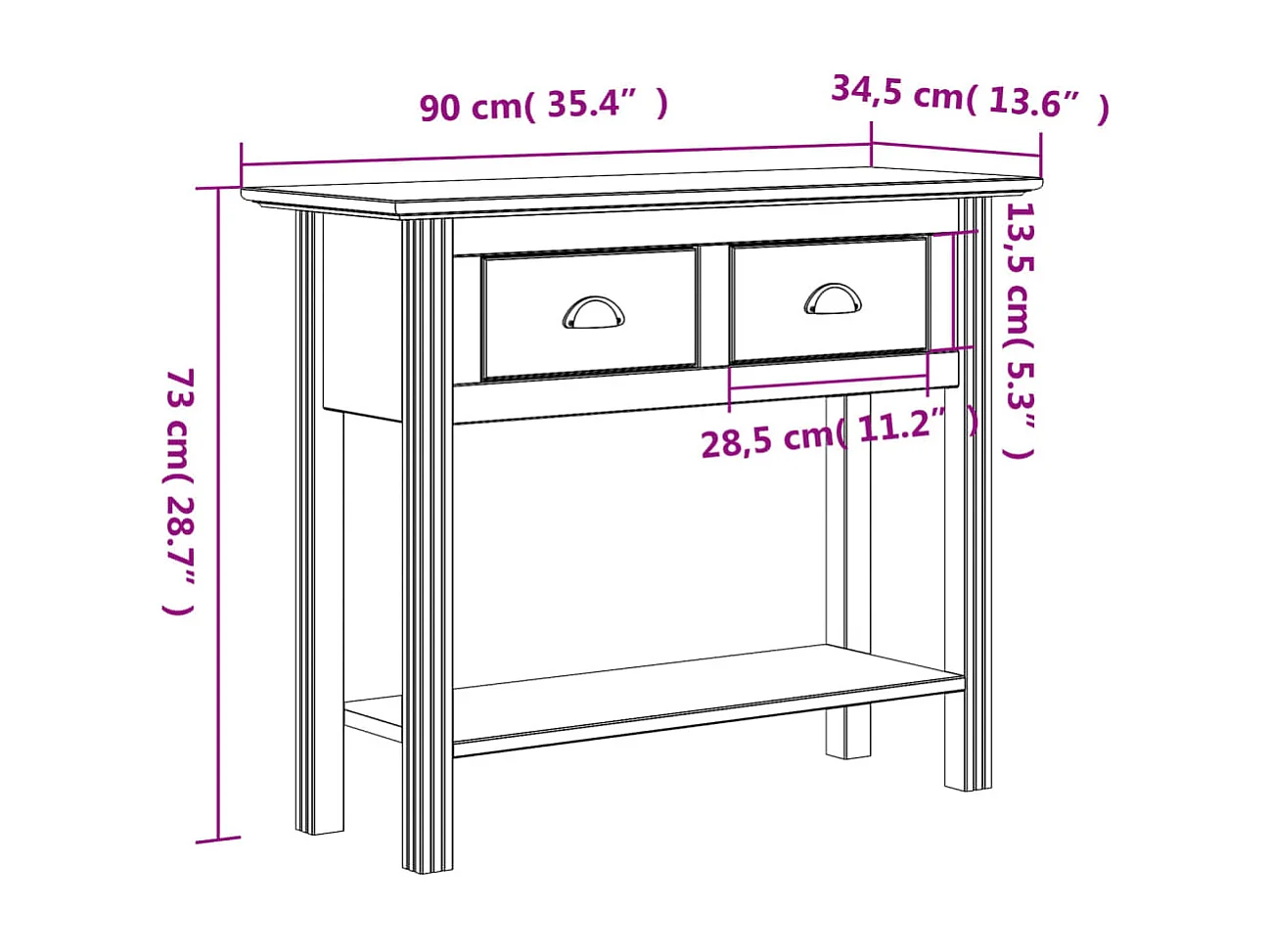 Table console BODO blanc 90x34,5x73 bois de pin massif